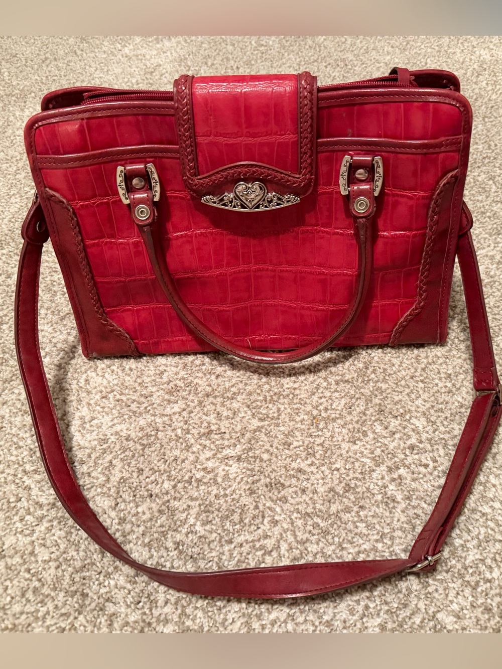Vintage Brighton Red Leather Shoulder Bag Purse Croc Embossed Trim